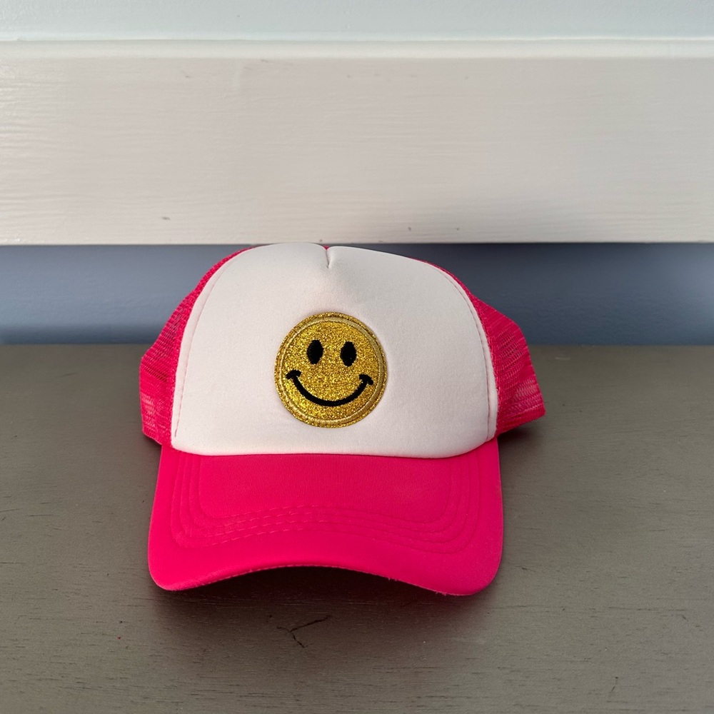 Pink white and gold shimmery smiley face trucker hat!